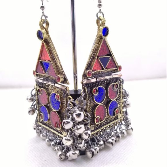 Tribal Dangle Earrings With Bells, Kuchi Vintage Massive Red and Blue GlassStone - Picture 6 of 6